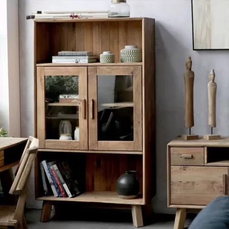مكتبة منزلية خشبية بأبواب زجاجية من خشب الصنوبر