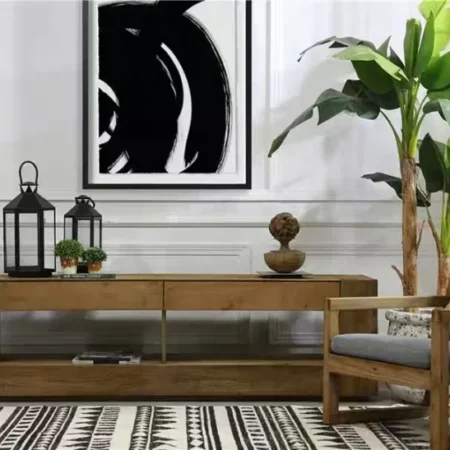 طاولة تلفزيون خشب بني من الصنوبر الطبيعي بدرجين في الأعلى