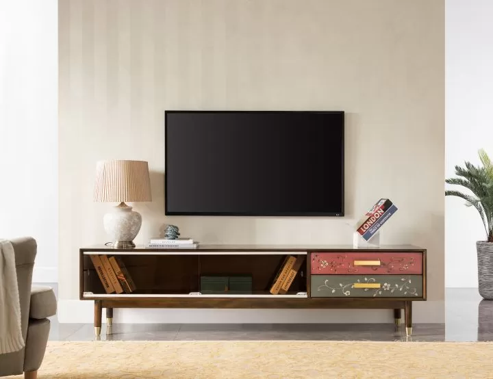 طاولة تلفزيون متعددة الألوان مع درجين ورف جانبي - مقاسات: 200x51x40 سم