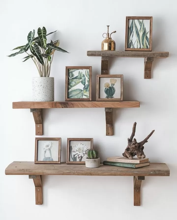 رف خشب جداري من الصنوبر - ثلاث أحجام مختلفة للتخزين والديكور
