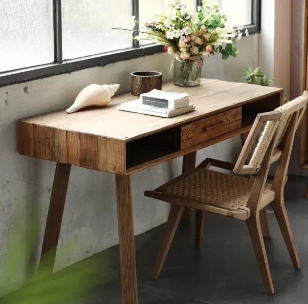 طاولة مكتب شخصي من خشب الصنوبر الطبيعي - مع درج ورفين للتخزين - الصورة 5