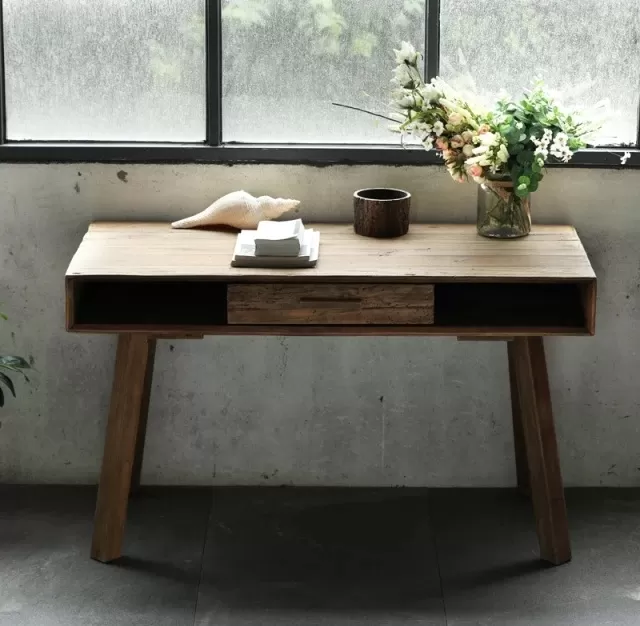 طاولة مكتب شخصي من خشب الصنوبر الطبيعي - مع درج ورفين للتخزين - الصورة 6