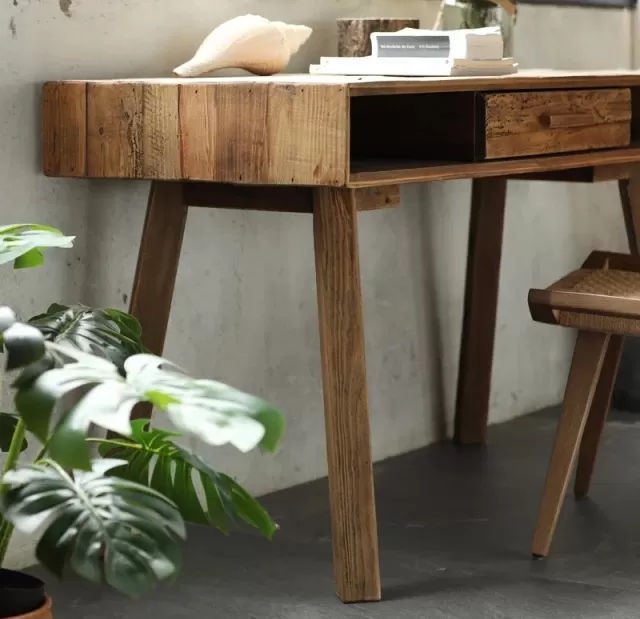 طاولة مكتب شخصي من خشب الصنوبر الطبيعي - مع درج ورفين للتخزين - الصورة 7