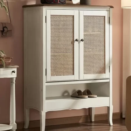 دولاب أحذية بأبواب مدمجة من الرتان الطبيعي وسطح خشبي من البلوط - لون أبيض