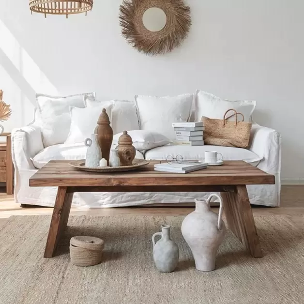 طاولة قهوة مستطيلة من خشب الصنوبر بأرجل عريضة منحنية