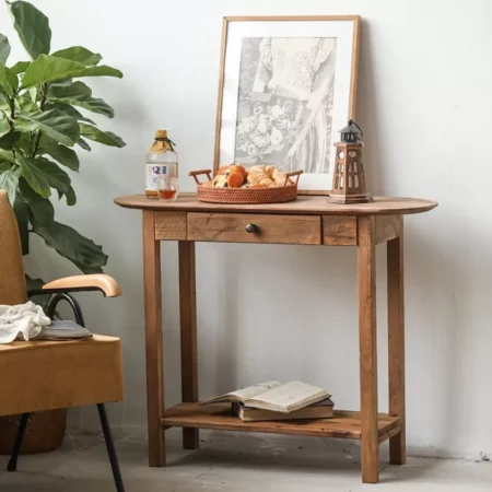 طاولة بيضاوية من خشب الصنوبر مع درج ورف - تصميم عصري ووظيفي