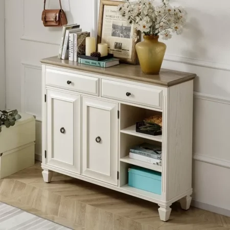 دولاب خشب  بثلاثة أرفف مفتوحة ودرجين في الأعلى - مع تخزين للأحذية - ارتفاع 100 سم، طول 120 سم، عمق 3