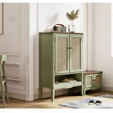 دولاب أحذية أبواب رتان طبيعي - ثلاثة أرفف ورف واسع مفتوح - اللون: أخضر معتق بالأسود - ارتفاع 126 سم،