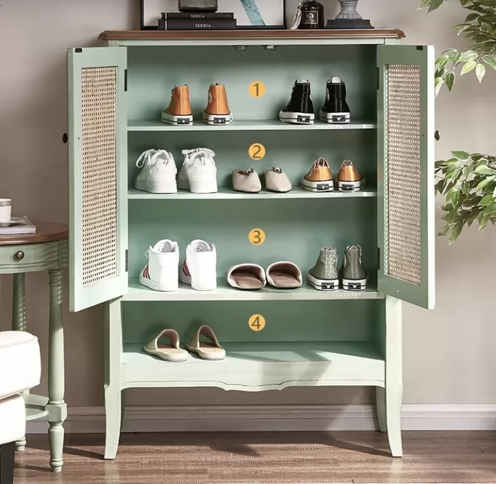 دولاب أحذية أبواب رتان طبيعي - ثلاثة أرفف ورف واسع مفتوح - اللون: أخضر معتق بالأسود - ارتفاع 126 سم، - الصورة 3
