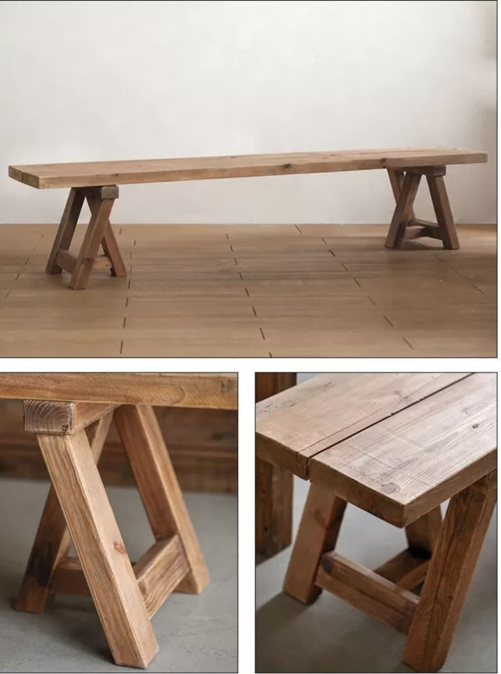 كرسي بانش من خشب الصنوبر الطبيعي بثلاث أرجل من كل جهة - ارتفاع 44 سم، طول 220 سم، عمق 40 سم - الصورة 4