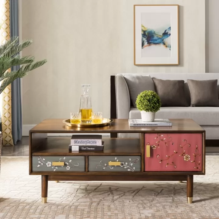 طاولة وسط المجلس متعددة الألوان مع اربع ادراج ودولابين - مقاسات: 120x55x60 سم