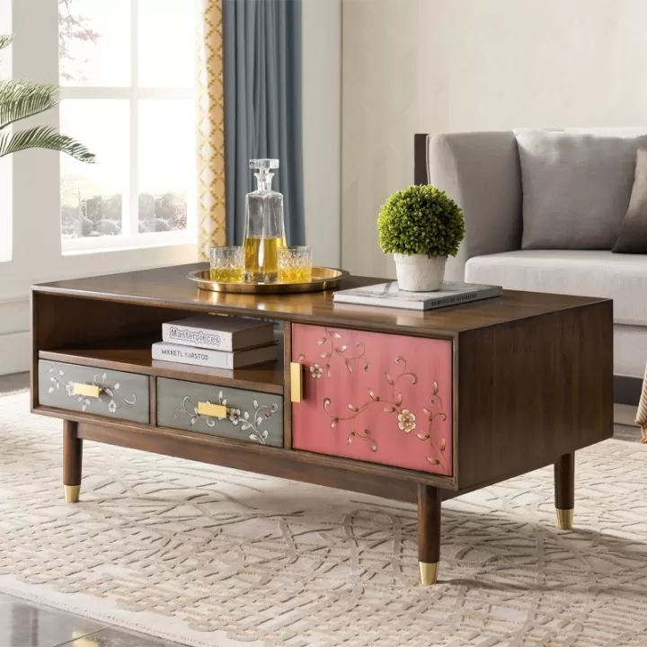 طاولة وسط المجلس متعددة الألوان مع اربع ادراج ودولابين - مقاسات: 120x55x60 سم - الصورة 2