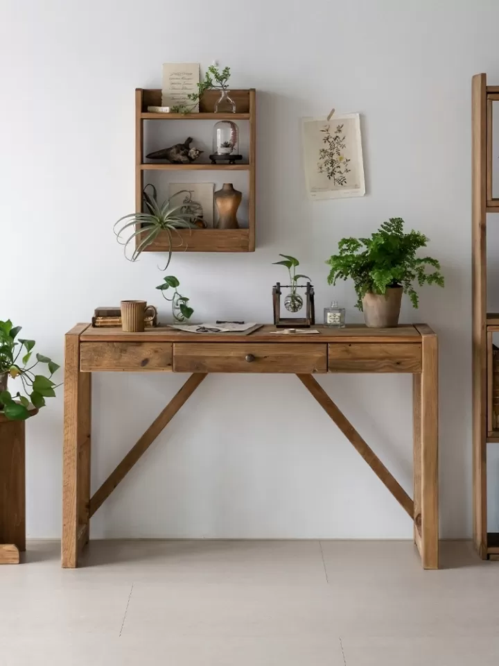 طاولة من الخشب كونسول ريفية من خشب الصنوبر بدرج ودعامات زاوية