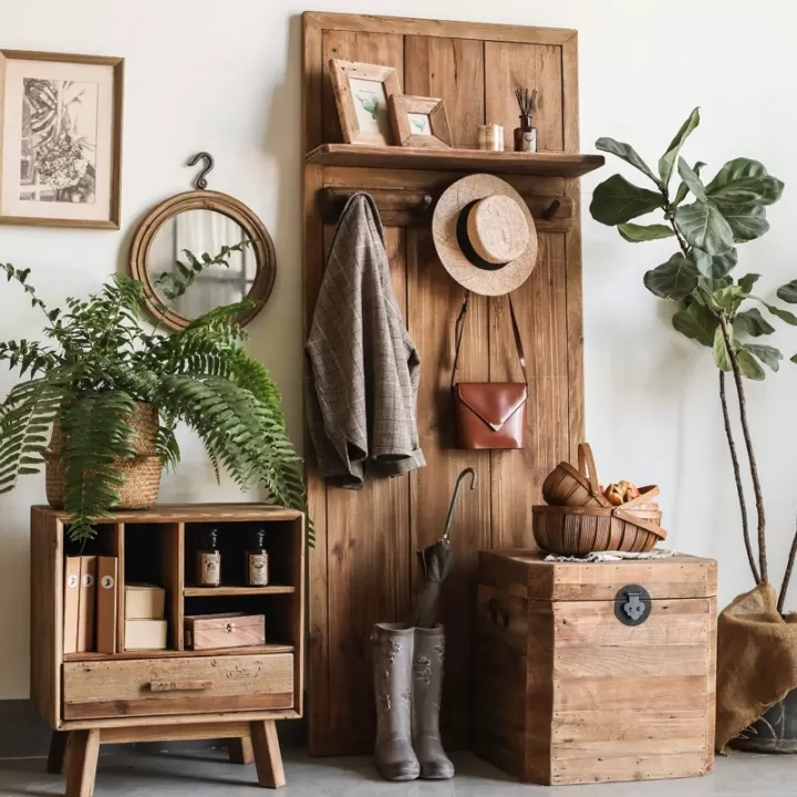 كومدينا خشبية ريفية من خشب الصنوبر مع رفين بالعرض ورفين طولي مفتوح ودرج - الصورة 3