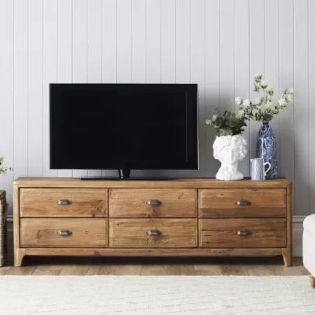 طاولة تلفزيون من خشب الصنوبر الطبيعي بستة ادراج - طابع ريفي