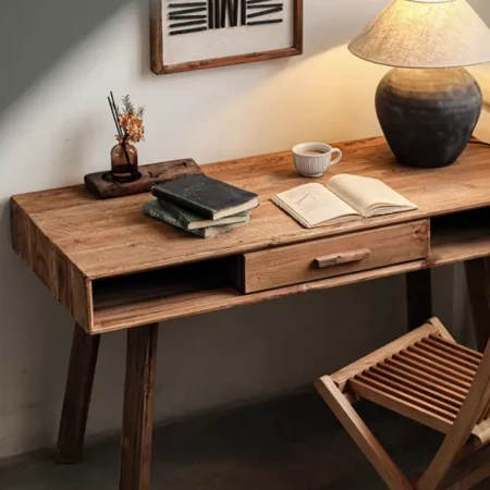 طاولة مكتب شخصي من خشب الصنوبر الطبيعي - مع درج ورفين للتخزين