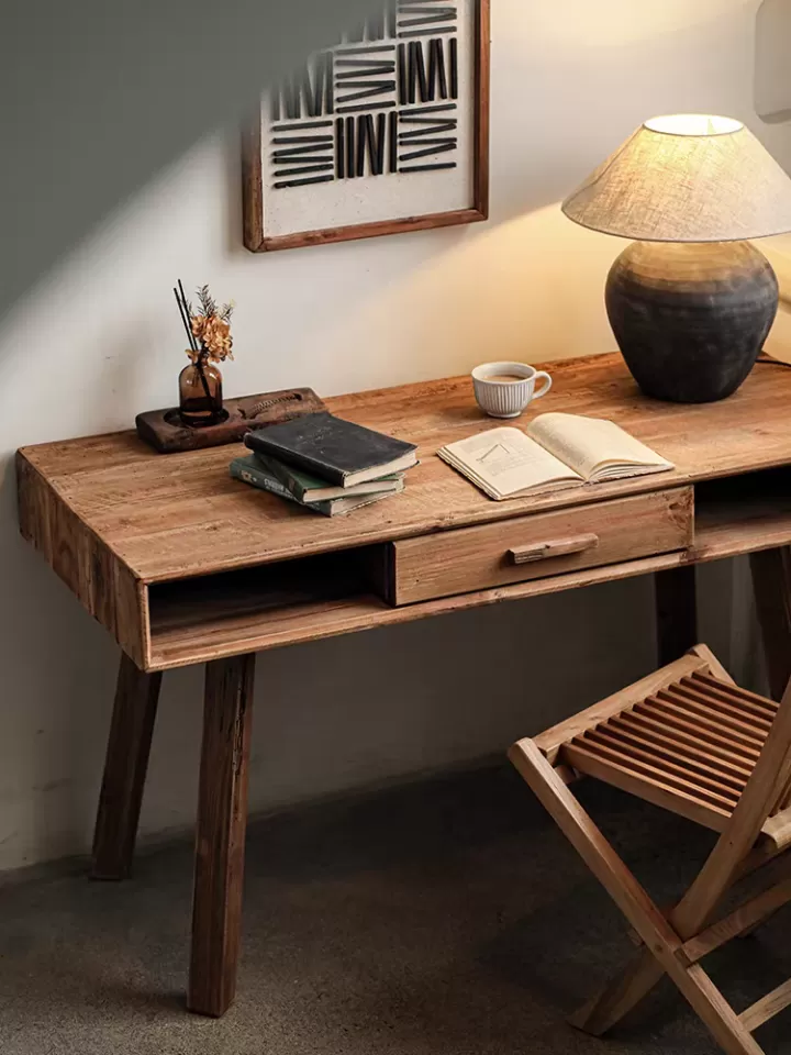 طاولة مكتب شخصي من خشب الصنوبر الطبيعي - مع درج ورفين للتخزين