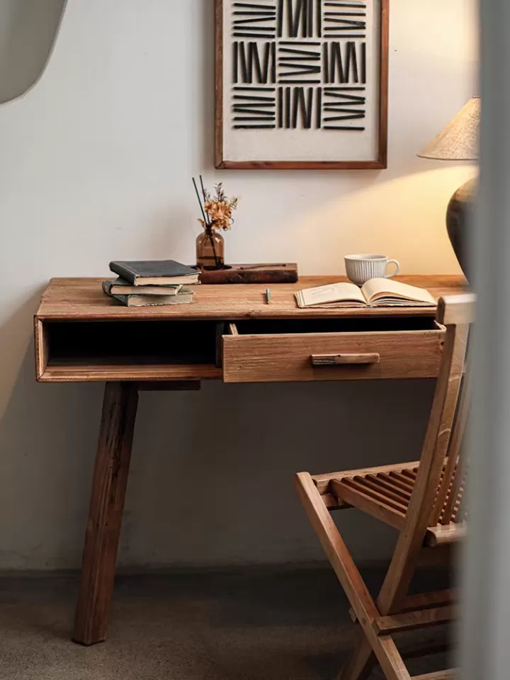 طاولة مكتب شخصي من خشب الصنوبر الطبيعي - مع درج ورفين للتخزين - الصورة 2