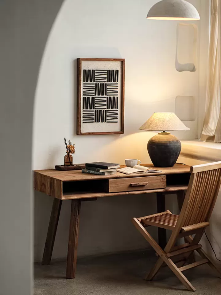 طاولة مكتب شخصي من خشب الصنوبر الطبيعي - مع درج ورفين للتخزين - الصورة 3