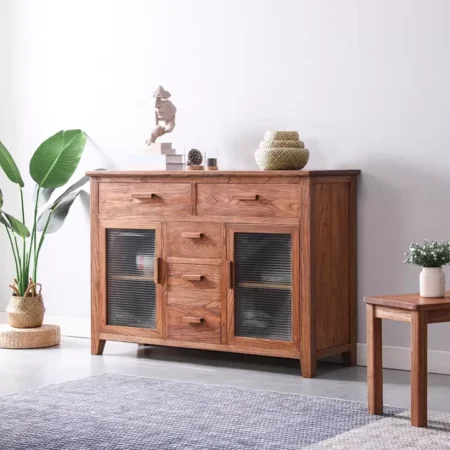 دولاب ريفي من خشب الصنوبر بخمسة أدراج و بابان من الزجاج- مثالي للمداخل أو ركن القهوة أو البوفيه