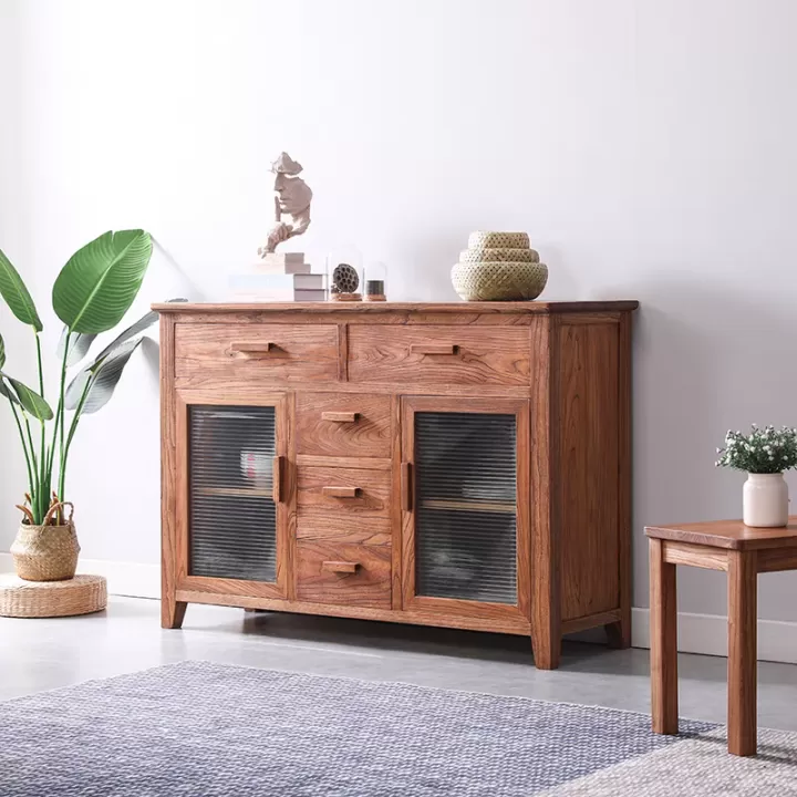 دولاب ريفي من خشب الصنوبر بخمسة أدراج و بابان من الزجاج- مثالي للمداخل أو ركن القهوة أو البوفيه