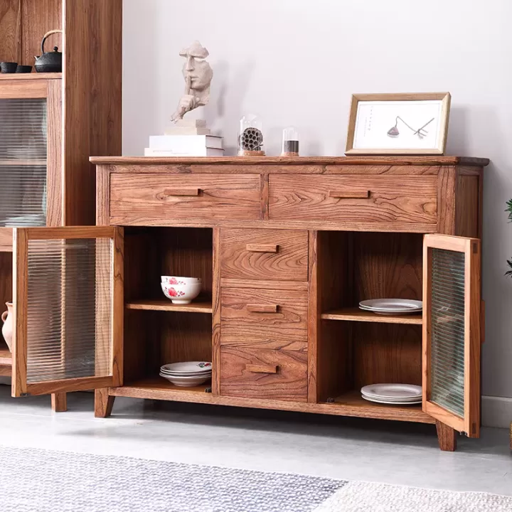 دولاب ريفي من خشب الصنوبر بخمسة أدراج و بابان من الزجاج- مثالي للمداخل أو ركن القهوة أو البوفيه - الصورة 2