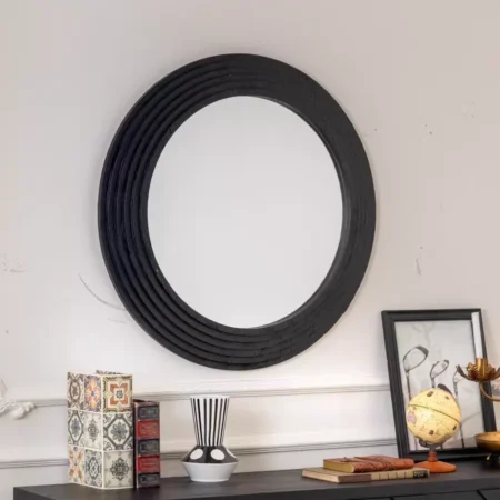 مرايا جدارية دائرية بإطار خشبي أسود – 78×78 سم