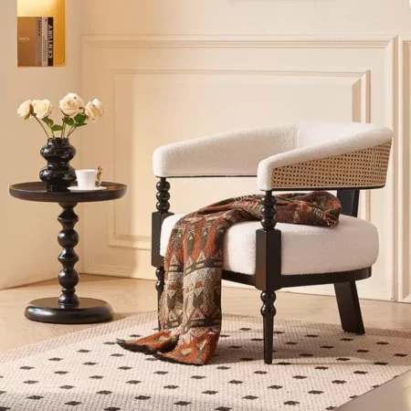 كرسي خشب اوك طبيعي و قماش بوكليه و راتان طبيعي