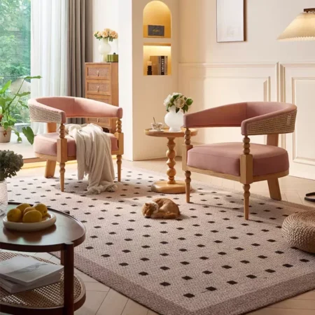 كرسي خشب اوك طبيعي و قماش الشمواه و راتان طبيعي