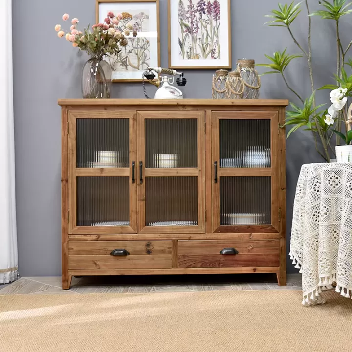 دولاب ريفي من خشب الصنوبر بدرجان كبيران و ثلاثة بيبان من الزجاج- مثالي للمداخل أو ركن القهوة أو البو