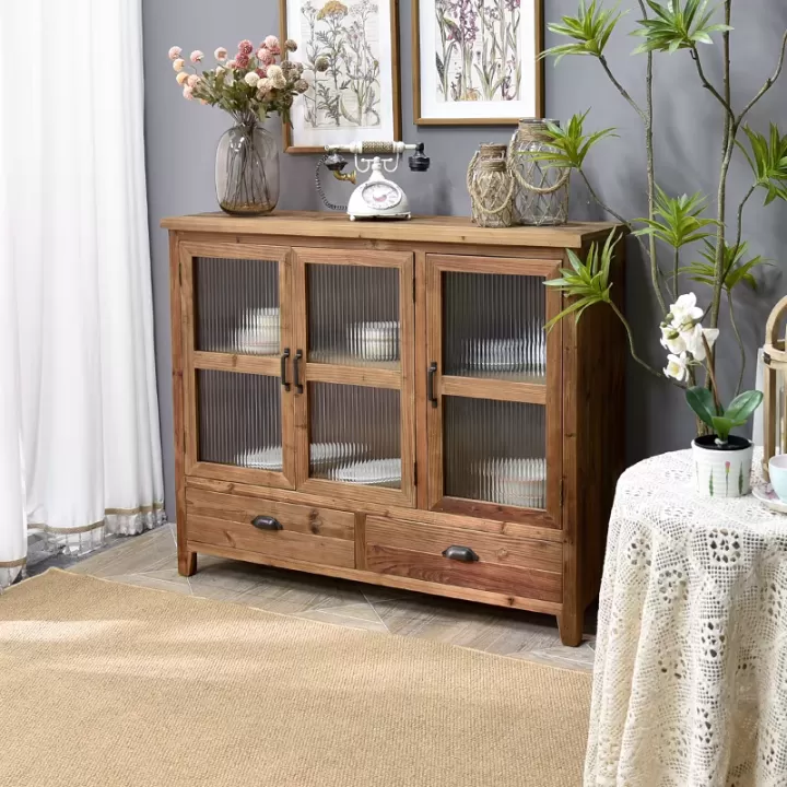 دولاب ريفي من خشب الصنوبر بدرجان كبيران و ثلاثة بيبان من الزجاج- مثالي للمداخل أو ركن القهوة أو البو - الصورة 2