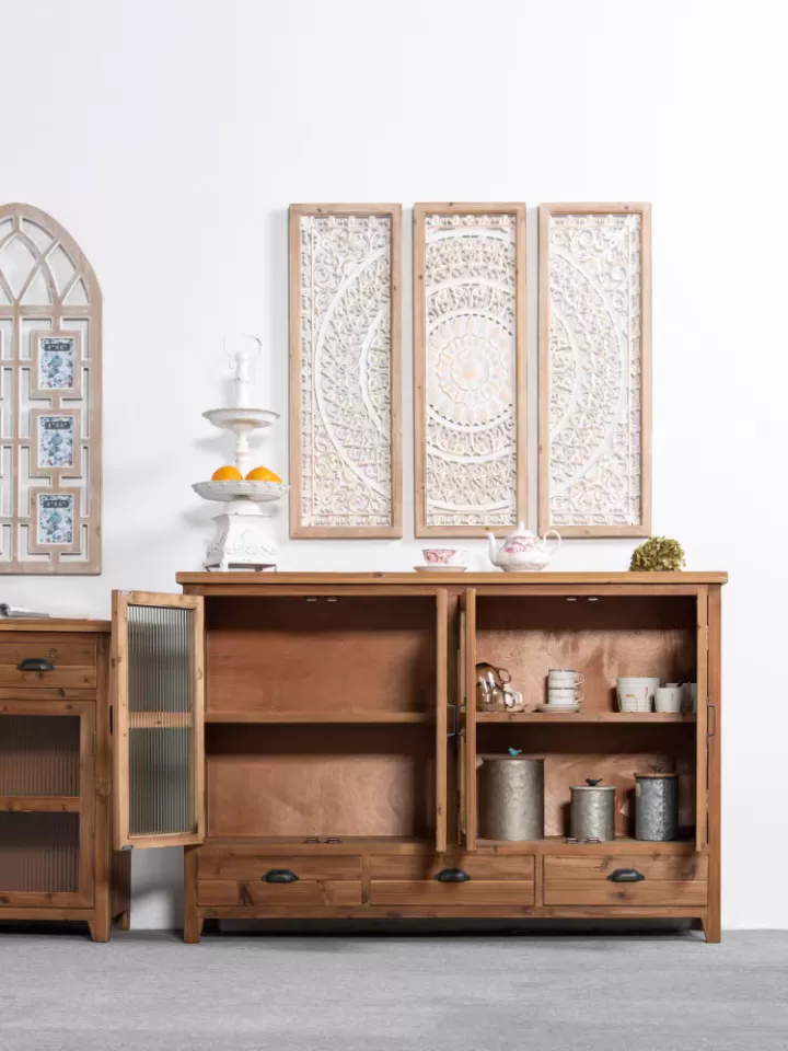 دولاب ريفي من خشب الصنوبر بثلاثة ادراج و اربع ابواب من الزجاج- مثالي للمداخل أو ركن القهوة - الصورة 2