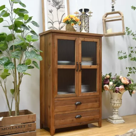 دولاب خشب صنوبر طبيعي بأبواب زجاجية ودرجين للتخزين