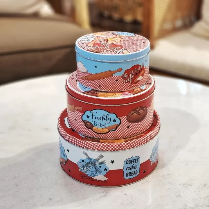 طقم علب معدنية دائرية (3 قطع) برسومات السبعينات وألوان الباستيل