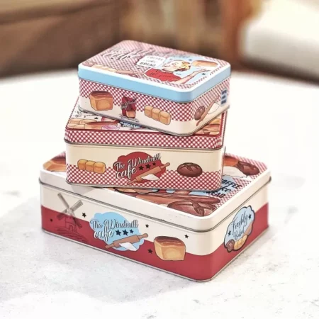 طقم علب معدنية مستطيل (3 قطع) برسومات السبعينات وألوان الباستيل