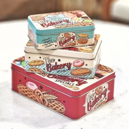 طقم علب معدنية مستطيل (3 قطع) برسومات السبعينات وألوان الباستيل