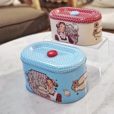 طقم علب معدنية مستطيل (2 قطع) برسومات السبعينات وألوان الباستيل