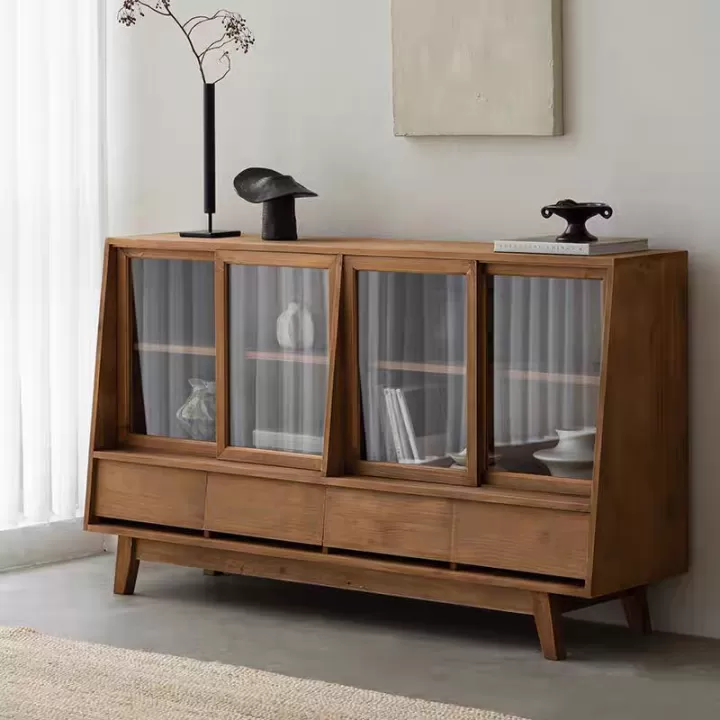 دولاب ريفي من خشب اربعة أدراج و ابواب سحب من الزجاج- مثالي للمداخل أو ركن القهوة أو البوفيه - الصورة 2