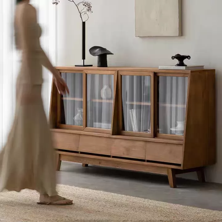 دولاب ريفي من خشب اربعة أدراج و ابواب سحب من الزجاج- مثالي للمداخل أو ركن القهوة أو البوفيه - الصورة 3