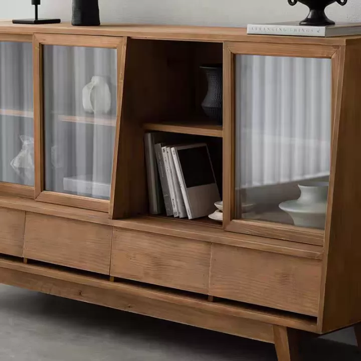 دولاب ريفي من خشب اربعة أدراج و ابواب سحب من الزجاج- مثالي للمداخل أو ركن القهوة أو البوفيه - الصورة 4